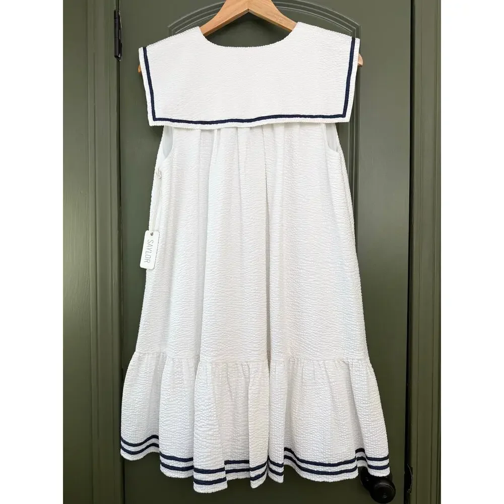 NWT Saylor Breton Seersucker Sailor Mini Dress Nautical Resort White Navy Small - Picture 4 of 5